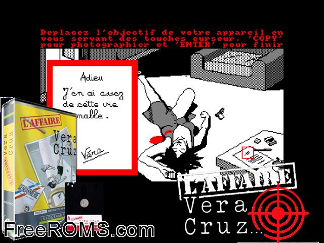 Affaire Vera Cruz, L' (F) (1985) [a1] Amstrad CPC game showing 3D box cover and gameplay screenshot